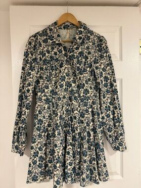 Free People/ Floral Button-Front Long Sleeve Dress in Cream and Teal